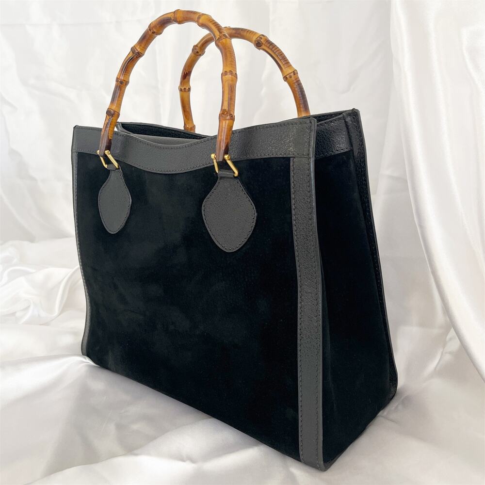 GUCCI Bamboo Diana Vintage Tote Bag Black Suede Leather Top Handles 1990s - Picture 13 of 17